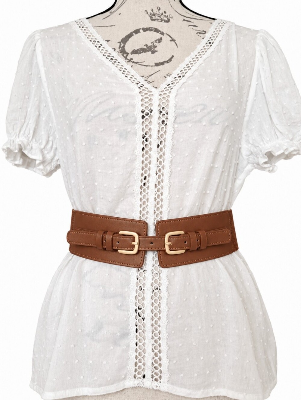 Brown Faux Leather Wide Waist Belt S/ M Double Gold Buckle Elastic Corset Preppy